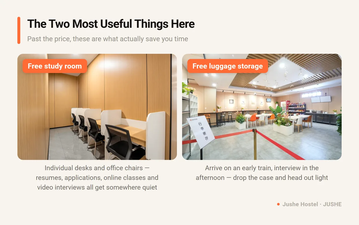 The two Jushe Hostel amenities job seekers use most: a free study room with individual desks, and free luggage storage inside the entrance