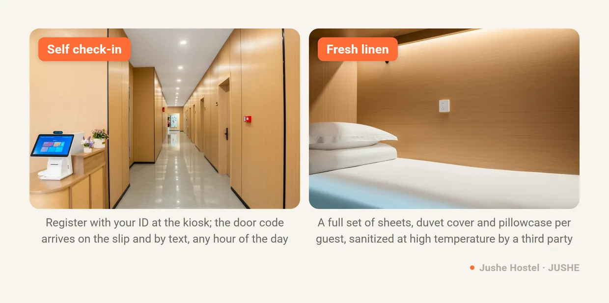 Self check-in kiosk at Jushe Hostel and a bed made up with fresh linen changed for every guest