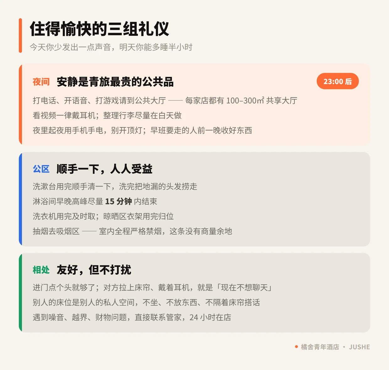 青旅住宿礼仪指南：夜间保持安静、公共区域顺手清理、与舍友友好但不打扰