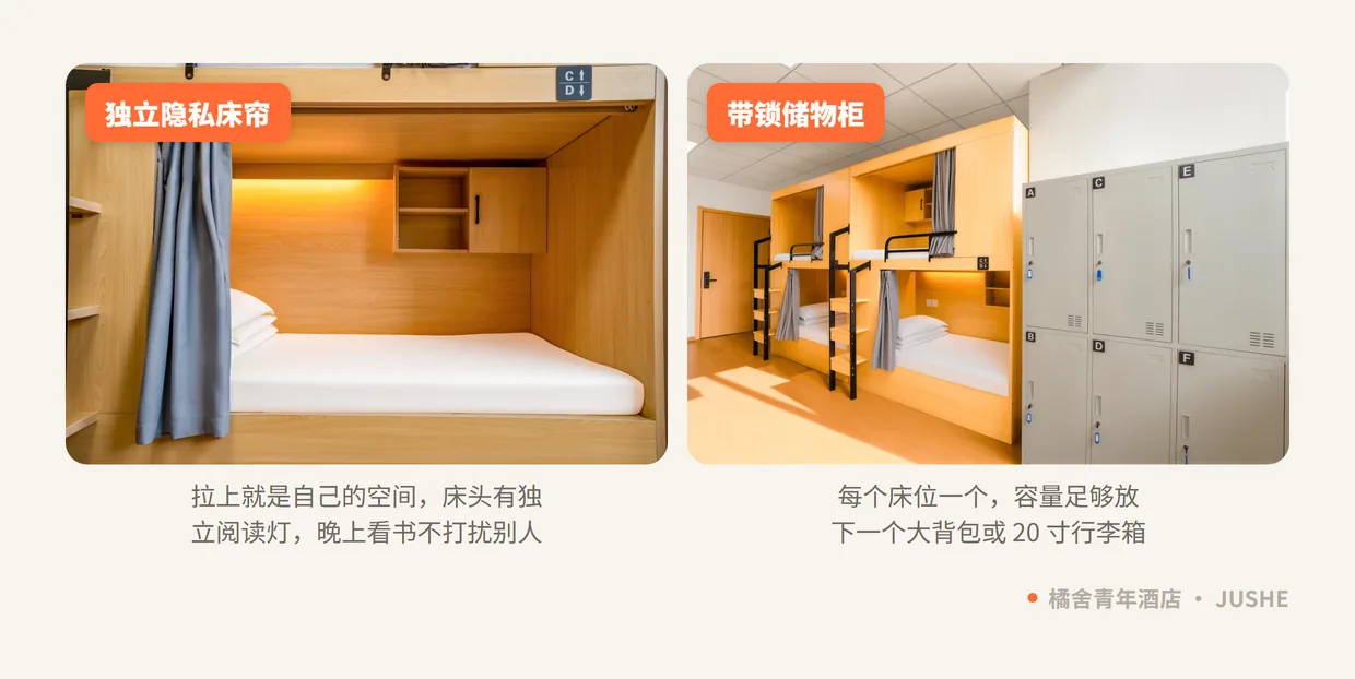 橘舍青年酒店独立隐私床帘与带锁储物柜实拍，回应青旅没有隐私、东西容易丢的顾虑