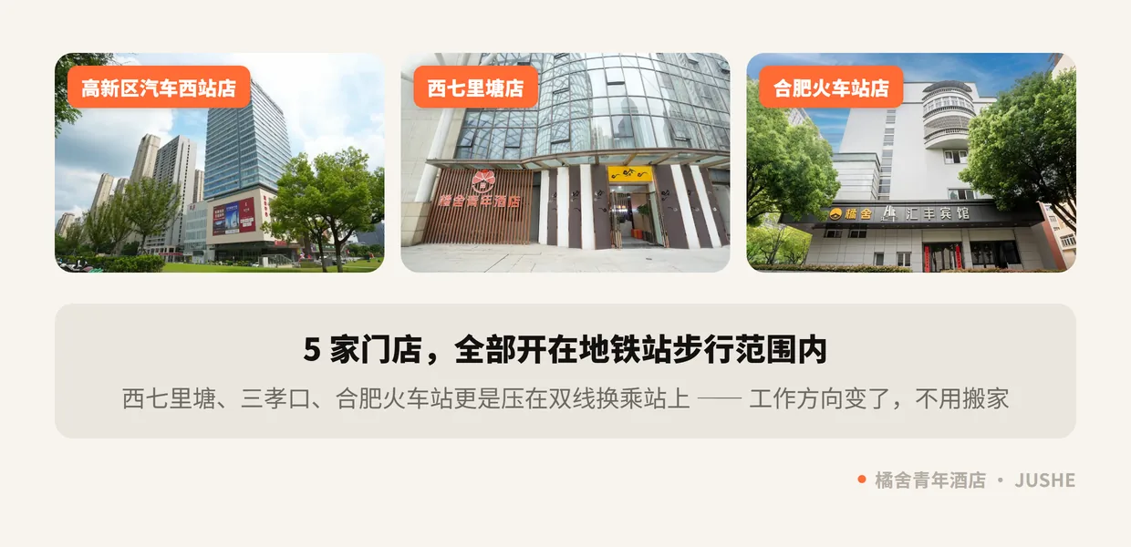 橘舍青年酒店三家地铁口门店实拍：高新区汽车西站店、西七里塘店、合肥火车站店